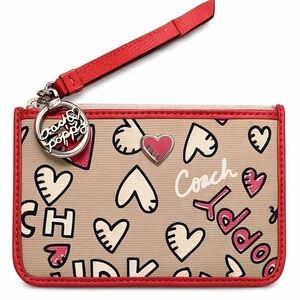 ✨ Coach Poppy Heart Print Wristlet / Zip Card Case – Tan & Coral – Keychain